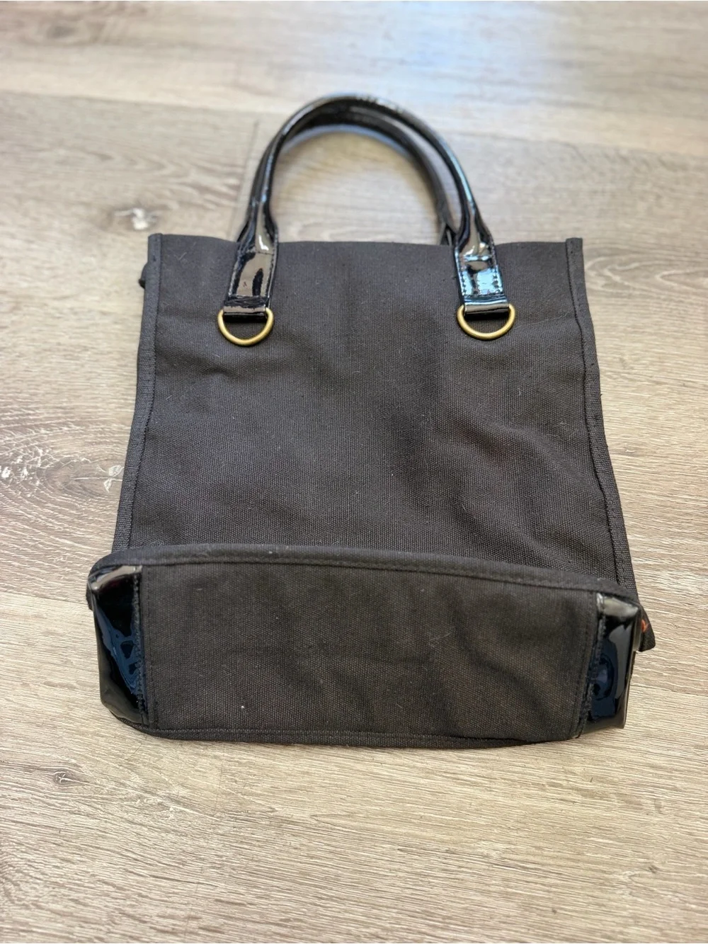 Vintage Neiman Marcus Black Canvas Tote with Patent Leather Trim